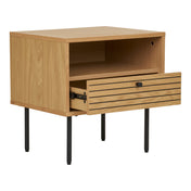 Kyoto Side Table - Side Table, 1 drawer, oak veneer, natural, black metal legs 50x40x50 cm