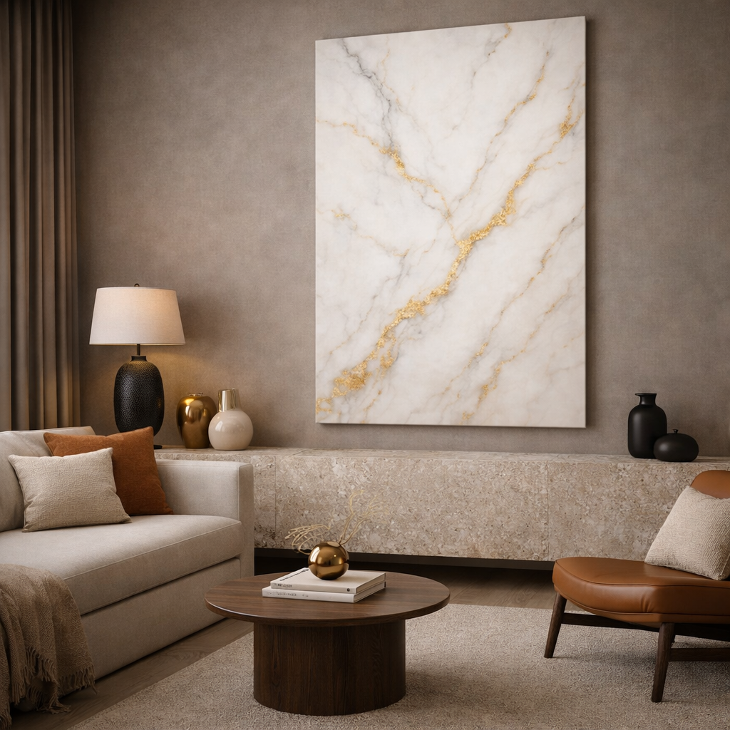 Modern living room with marble-patterned artwork, sofa, and coffee table.